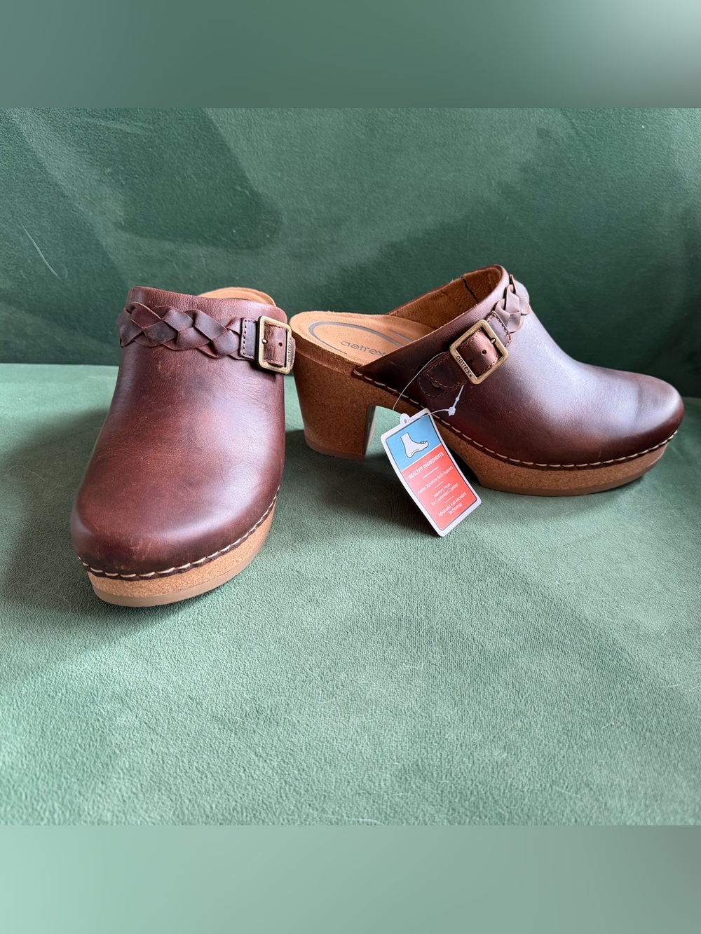 Aetrex Women’s Brown Leather Clog Mules with Braided Strap